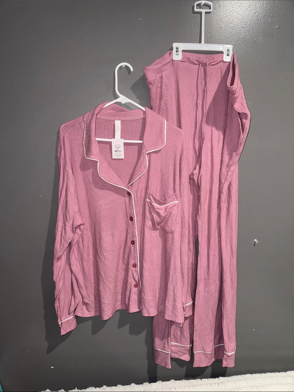 Auden Rose Pink Waffle Knit Pajama Set with White Piping